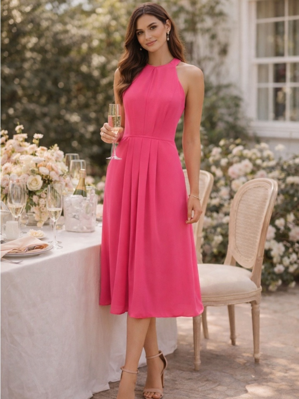 Shoshanna Pink Halter Midi Dress Wedding Guest Cocktail Luxe